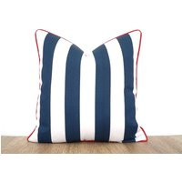 Blue Stripe Outdoor Pillow Cover, Contrast Red Piping, Nautical Beach Decor | Etsy (US)