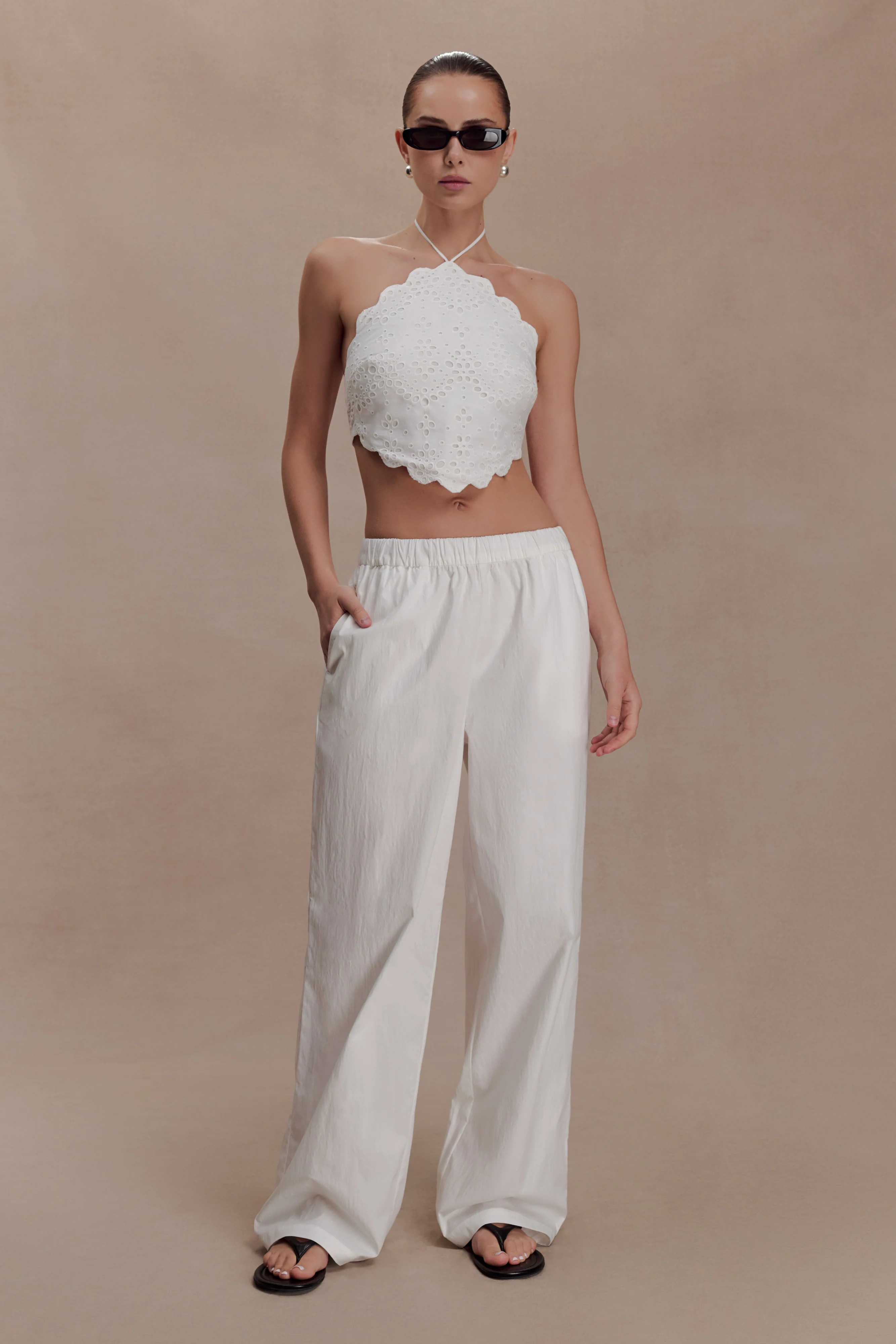 Kensley Broderie Halter Top - White | Meshki (APAC)