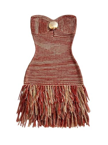 WDIRARA Women's Metal Fringe Hem Knitted Tube Dress Cut Out Layered Mini Boho Dresses | Amazon (US)