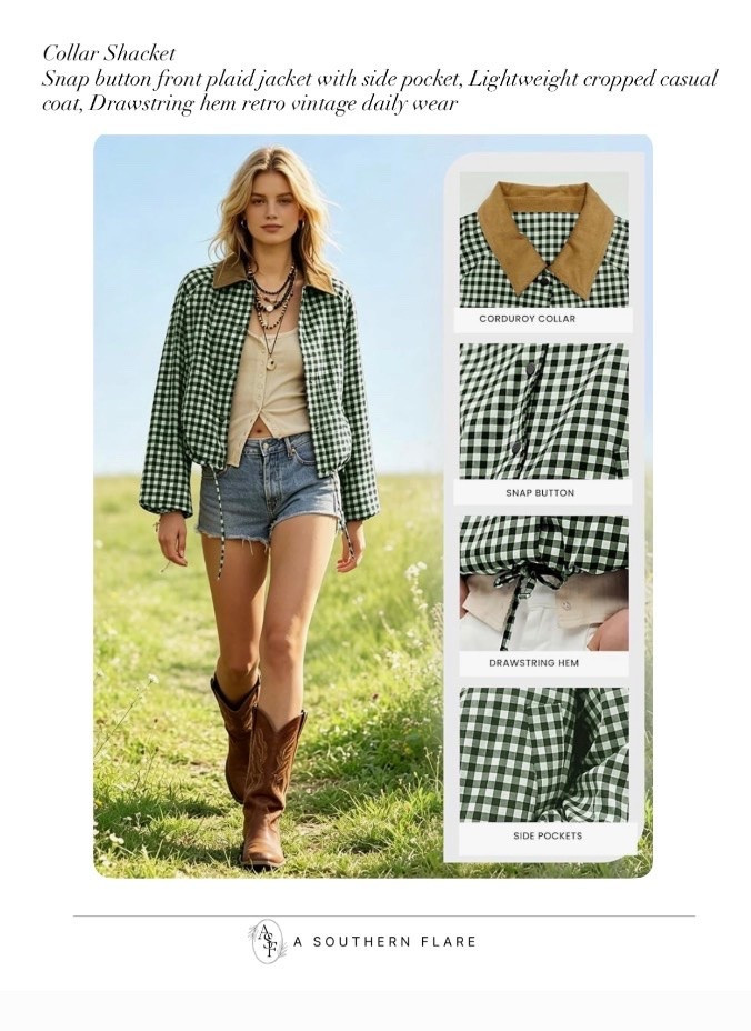 Women Gingham Jacket Corduroy Collar Shacket
Snap button front plaid jacket with side pocket, Lightweight cropped casual coat, Drawstring hem retro vintage daily wear