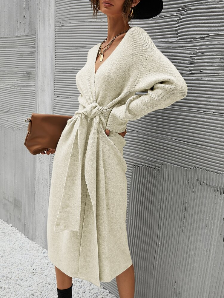 Drop Shoulder Tie Front Sweater Dress | SHEIN