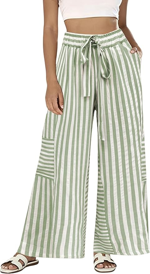 Bankeng Womens Summer Casual Striped Pants Loose Wide Leg Lounge Pants Elastic Waist Palazzo Trou... | Amazon (US)