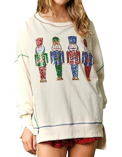 Aonoapll Women Sequin Nutcracker Sweatshirt Cute Holiday Oversized Pullover Sparkly Christmas Long Sleeve Crewneck Shirt(Beige,Medium) | Amazon (US)