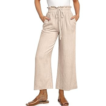 UEU Women's Linen Casual Pants Summer Wide Leg Loose Ruffle High Waist Cropped Drawstring Palazzo... | Amazon (US)