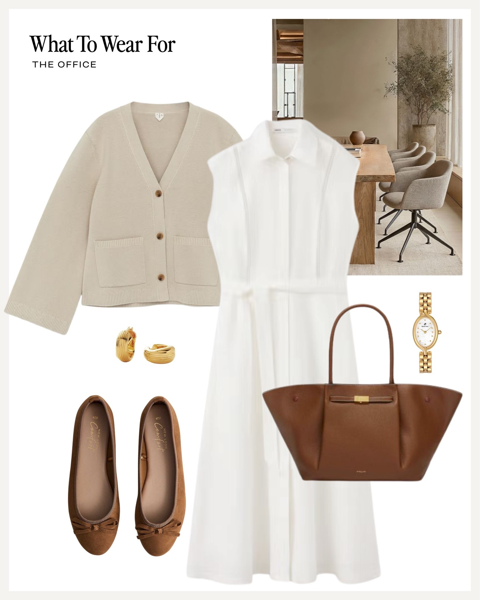Office outfit inspo 💻 

Workwear, summer style, white belted dress, ballet flats, demellier tote bag, beige cardigan, neutral outfit

#LTKsummer #LTKworkwear