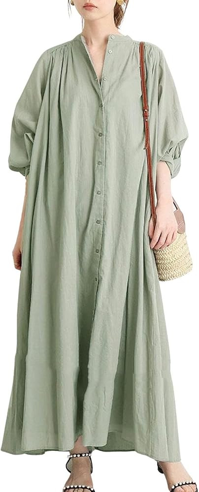 chouyatou Women's Loose Bishop Sleeve Maxi Shirt Dress Spring Summer Cotton Button Down Dress | Amazon (US)