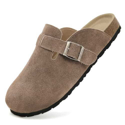 Women's Genuine Suede Clogs Men Leather Mules Soft Cork Footbed with Arch Support Adjustable Buckle Strap - Wide Width Anti-Slip House Slipper Shoes & Outdoor Dark Brown | Amazon (US)