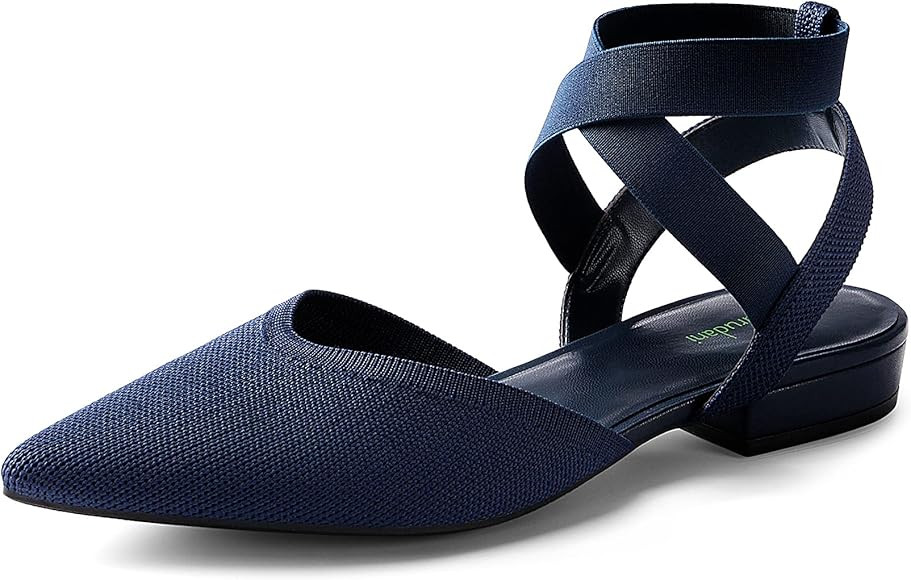 BURUDANI Women's Pointed Toe Ankle Strap Ballet Flat for Woman, Comfortable Knit Mesh Flats for C... | Amazon (US)