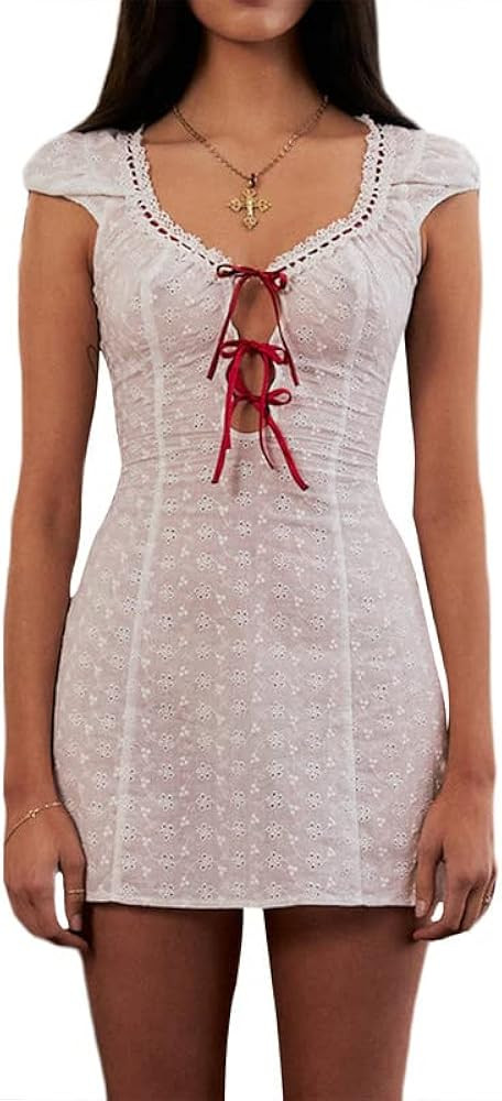 Women Sexy Lace Mini Dress Y2k Low Cut Spaghetti Strap Dress Square Neck Bodycon Cami Dress Summe... | Amazon (US)