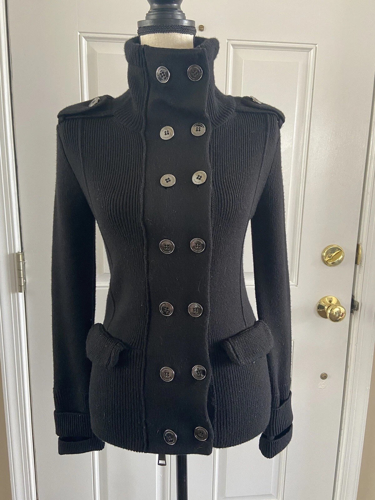 Burberry London Wool Open  sweater Front Zipper Buttons sz S in Black Back Belt | eBay US