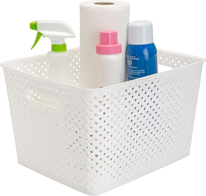 Simplify Large Resin Wicker Tote | Storage Bin | Plastic Organizer | Carrying Handles | Bathroom ... | Amazon (US)