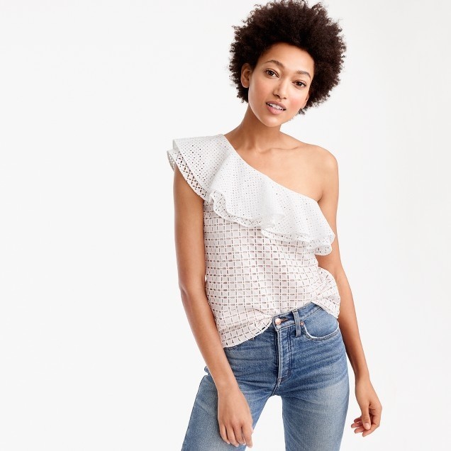 One-shoulder ruffle top in eyelet | J.Crew US