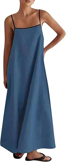 Women's Summer Linen Maxi Dress Contrast Sleeveless Spaghetti Strap Square Neck Backless Dress Fl... | Amazon (US)