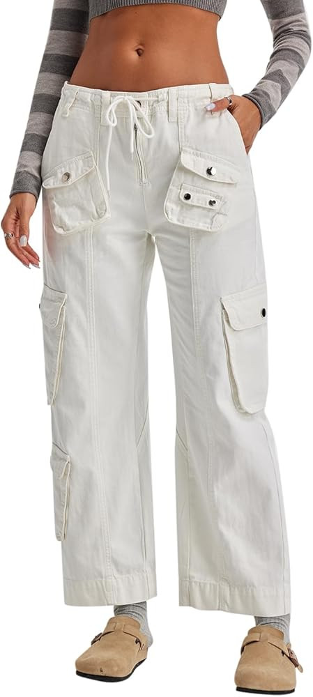 Cargo Pants for Women Low Rise Drawstring Waist 7 Pockets Hiking Work Wide Leg Pants with Zipper ... | Amazon (US)