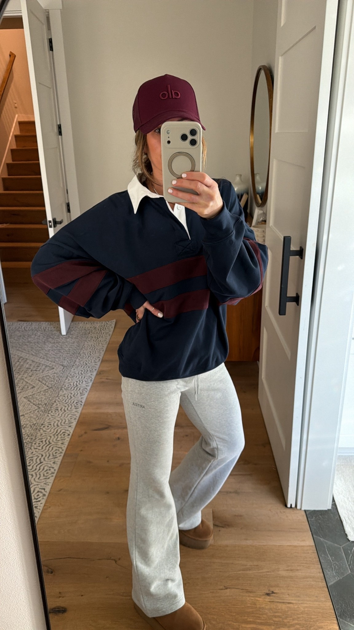 Oversized rugby shirt and snug fit and flare sweats 

#LTKmomlife #LTKSaleAlert #LTKootd