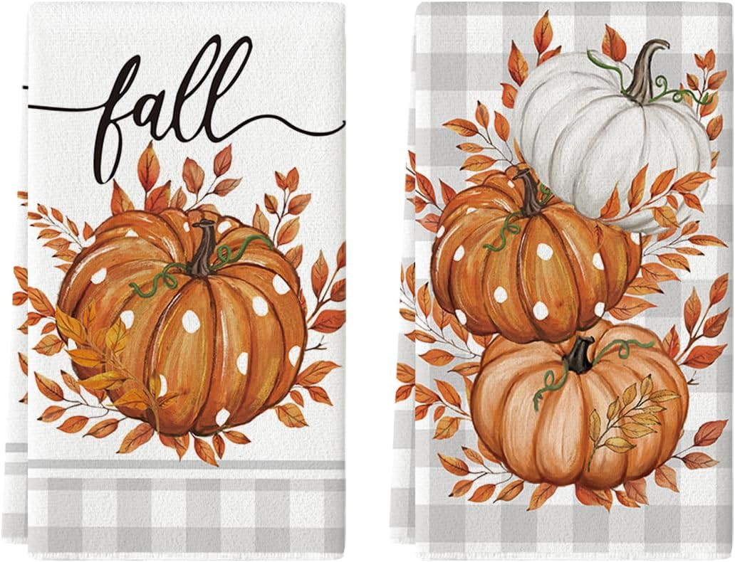 Artoid Mode Orange Pumpkin Leaves Fall Kitchen Towels Set of 2 18x26 Inch | Amazon (US)