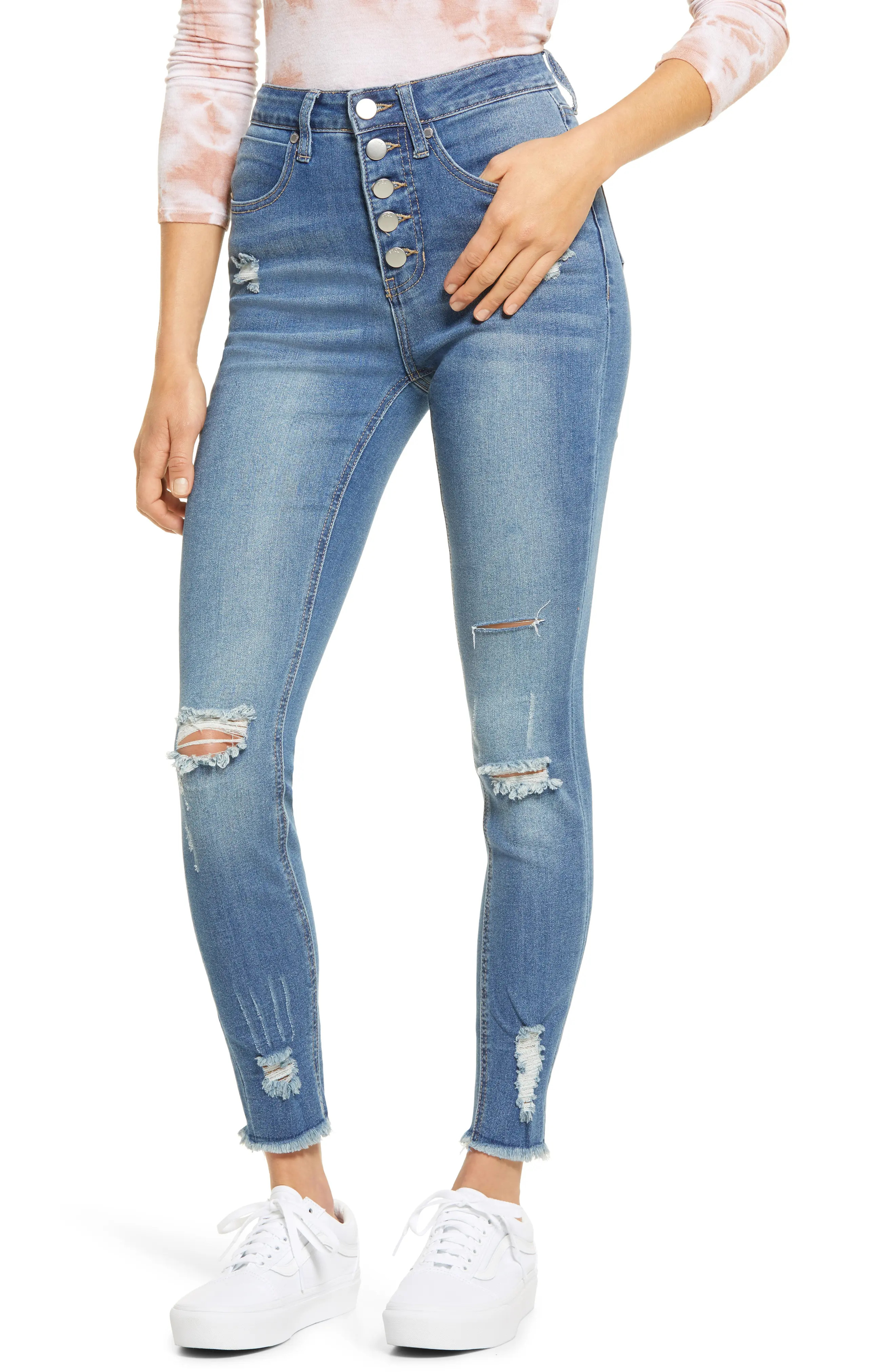Women's Ptcl Ripped High Waist Button Fly Skinny Jeans, Size 25 - Blue | Nordstrom