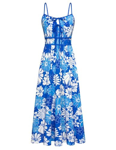 GRACE KARIN Women's 2025 Summer Casual Floral Boho Dress Spaghetti Strap Flowy Beach Maxi Dresses Blue Whtie L | Amazon (US)