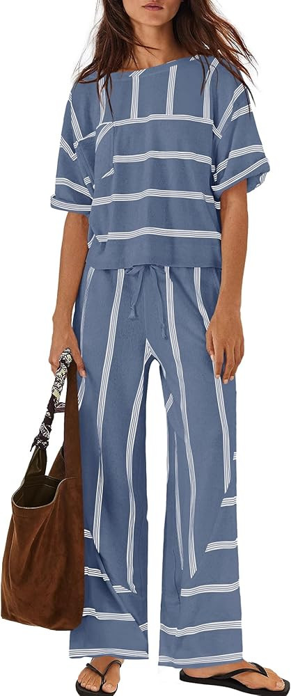 Nirovien Womens Striped Lounge Set 2 Piece Vacation Sets Short Sleeve Tops and Wide Leg Pants Tra... | Amazon (US)