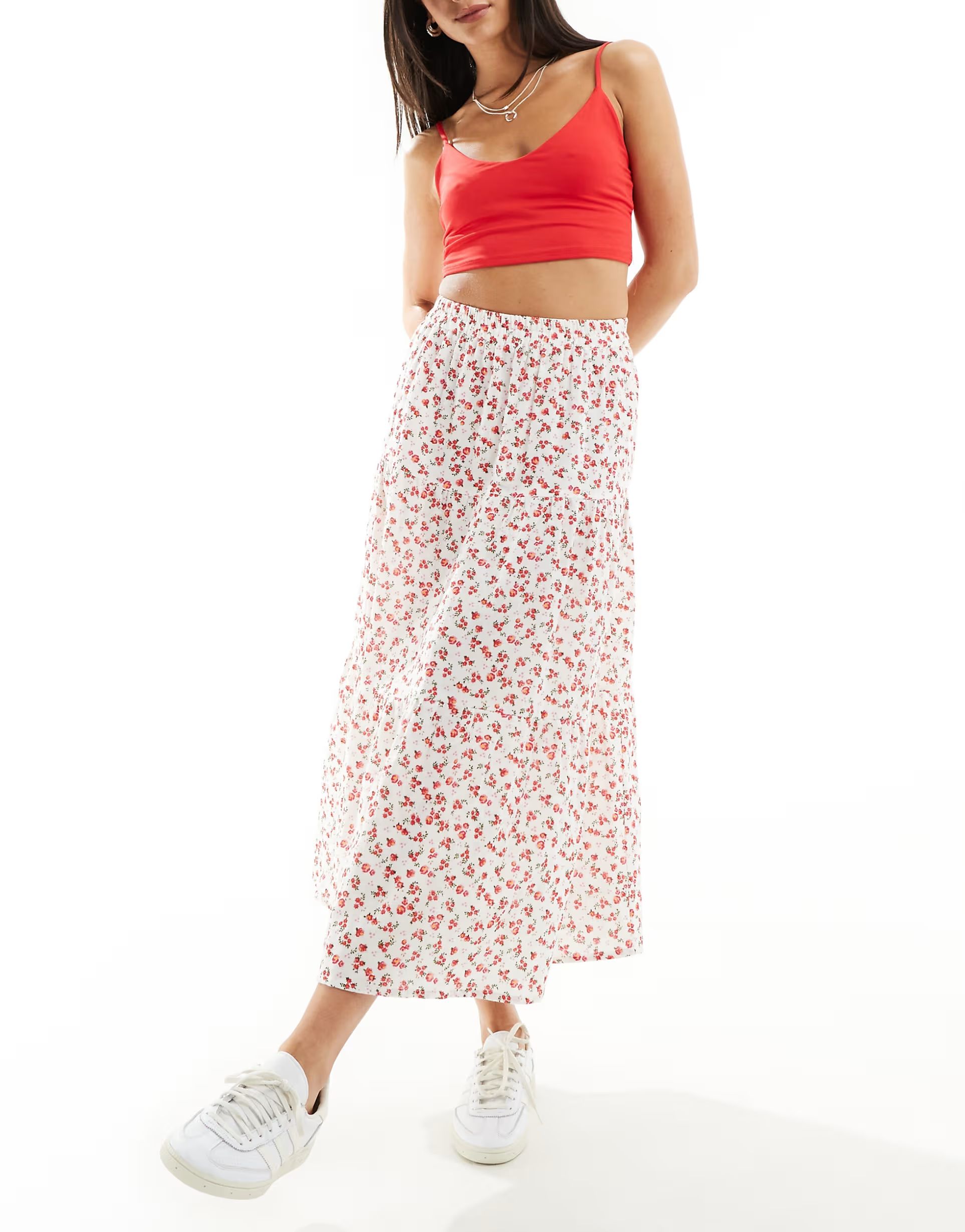 Wednesday's Girl tiered ditsy floral midi skirt in white | ASOS (Global)