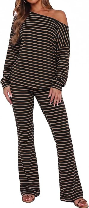 Fisoew Women 2 Piece Outfits Striped Off Shoulder Long Sleeve Top Pants Set | Amazon (US)