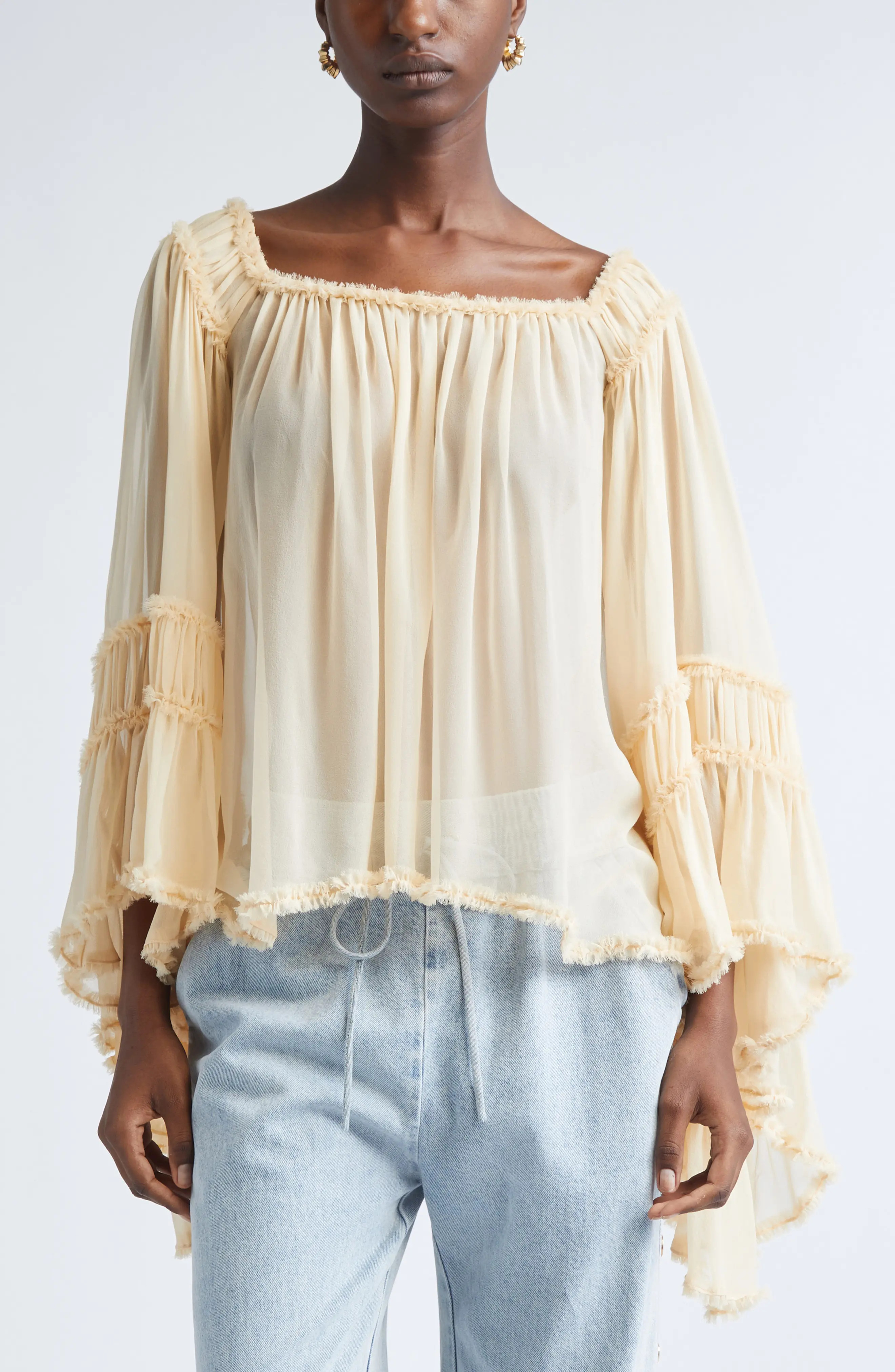 Zimmermann Rebellion Frayed Off the Shoulder Silk Top in Cream at Nordstrom, Size 4 | Nordstrom