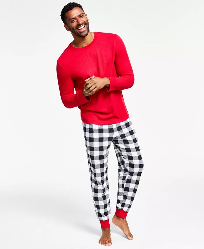 Family Pajamas Matching Men's Lightweight Thermal Waffle Buffalo Check Mix It Pajama Set, Created... | Macys (US)