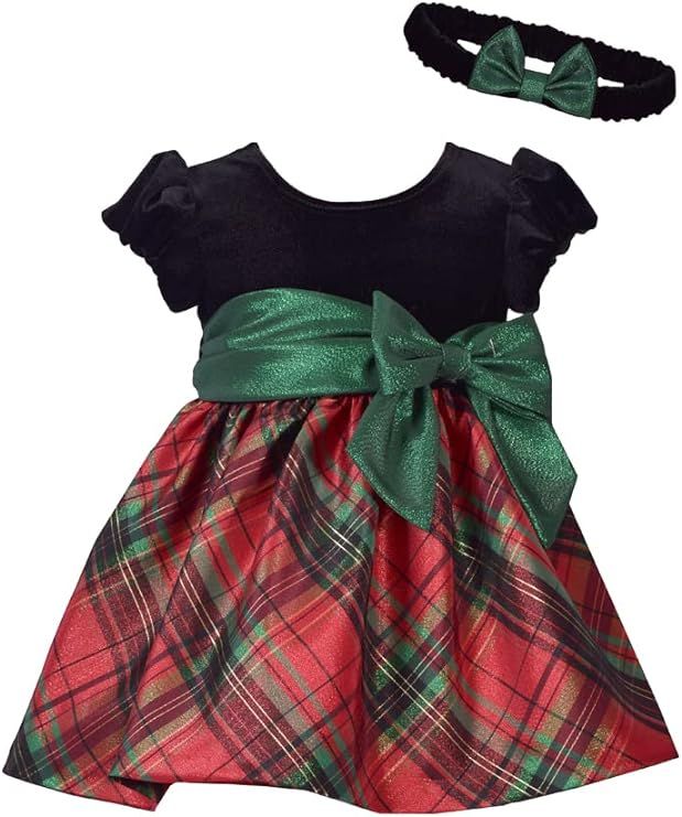Bonnie Jean Holiday Christmas Dress - Classic Plaid with Velvet with Hair Accessories | Amazon (US)