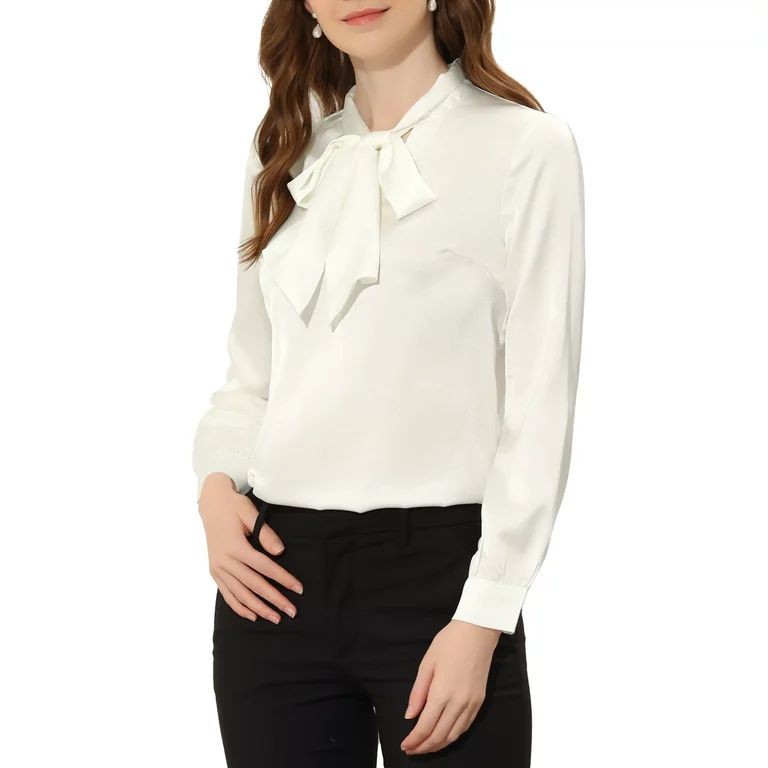 Allegra K Women's Bow Tie Neck Solid Long Sleeve Satin Blouse Tops | Walmart (US)