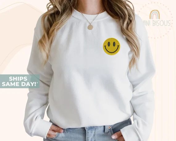 Happy Face Embroidered Adult Unisex Sweater Cute Embroidery | Etsy | Etsy (US)