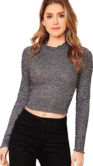 Floerns Women's Fitted Ribbed Mock Neck Long Sleeve Crop Tops Tee Shirts | Amazon (US)