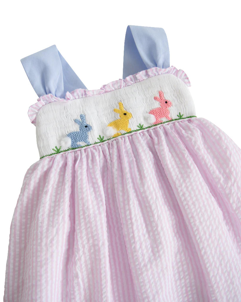 Colorful Bunnies Smocked Pink Seersucker Dress | Smockingbird Kids