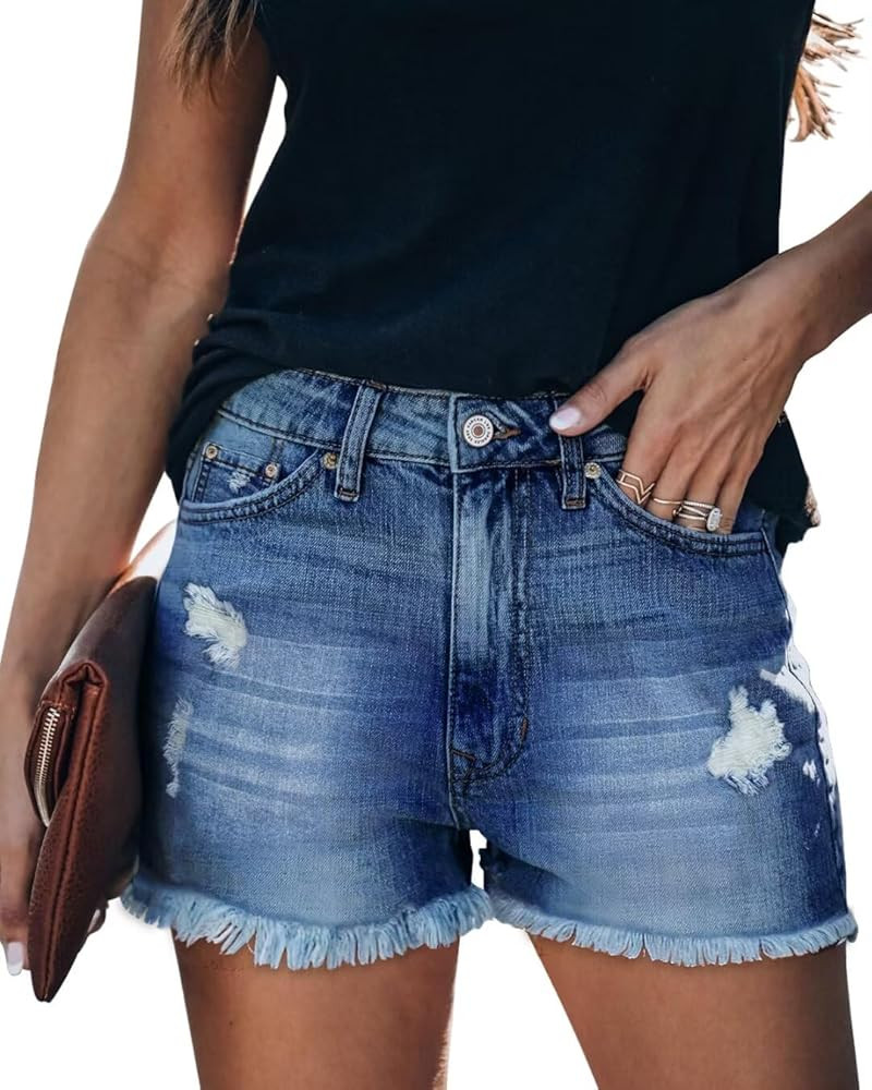 ZOLUCKY Women's Casual Summer Denim Shorts Mid Waisted Stretchy Ripped Jean Shorts with Pockets | Amazon (US)