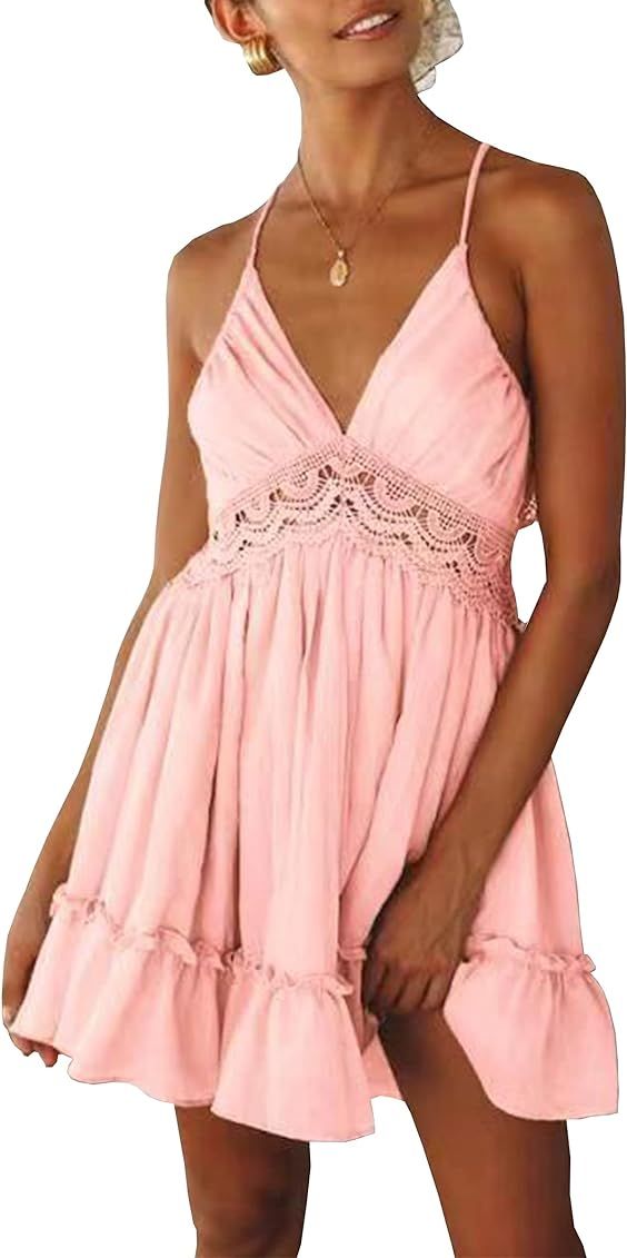 ECOWISH Womens V-Neck Spaghetti Strap Bowknot Backless Sleeveless Lace Mini Swing Skater Dress | Amazon (US)