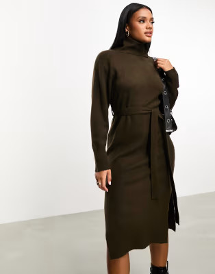 Threadbare Brooklyn roll neck tie waist midi jumper dress in chocolate brown | ASOS (Global)