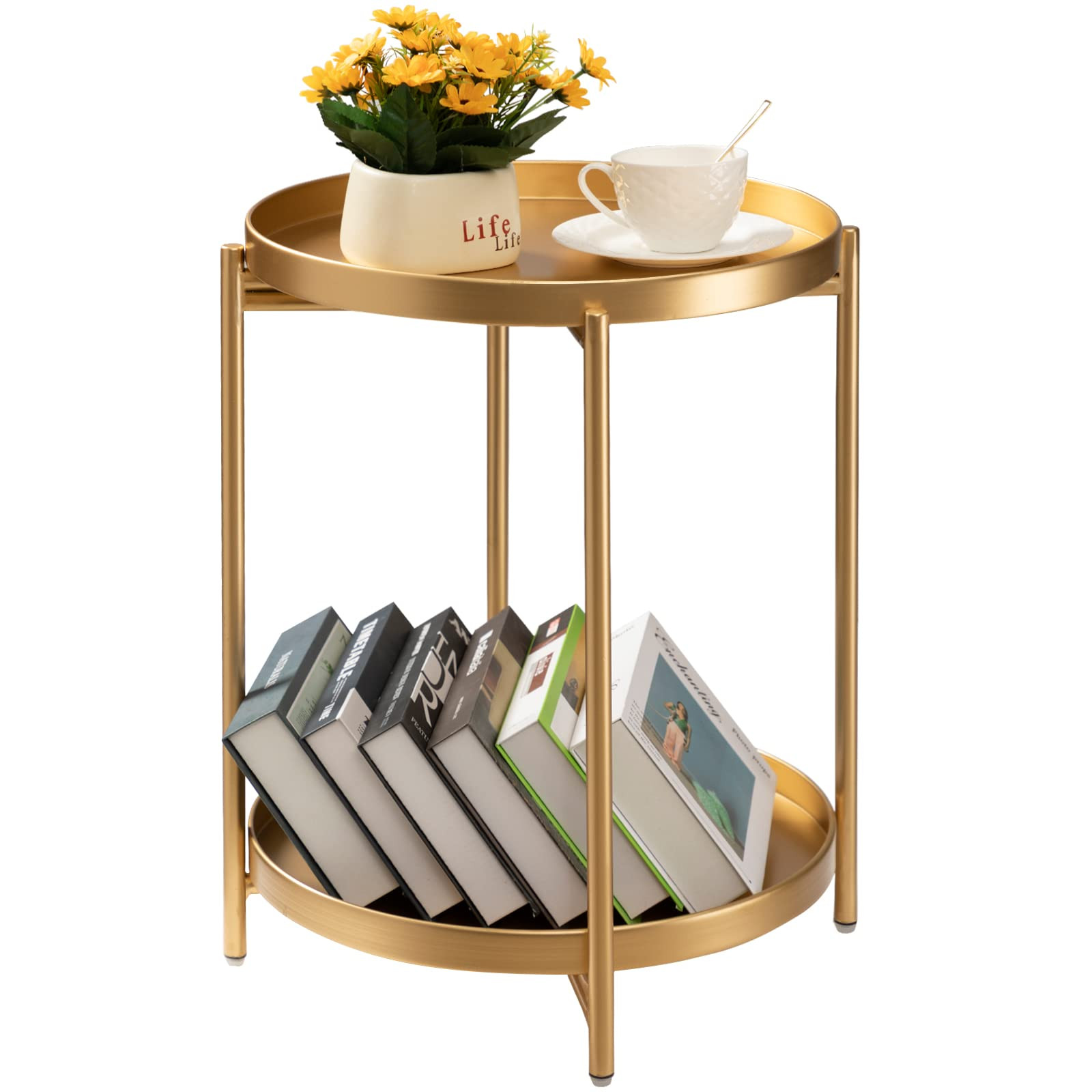TeoKJ 2 Tier Gold Side Table, Folding Round Metal End Table Small Nightstand with Two Removable T... | Amazon (US)