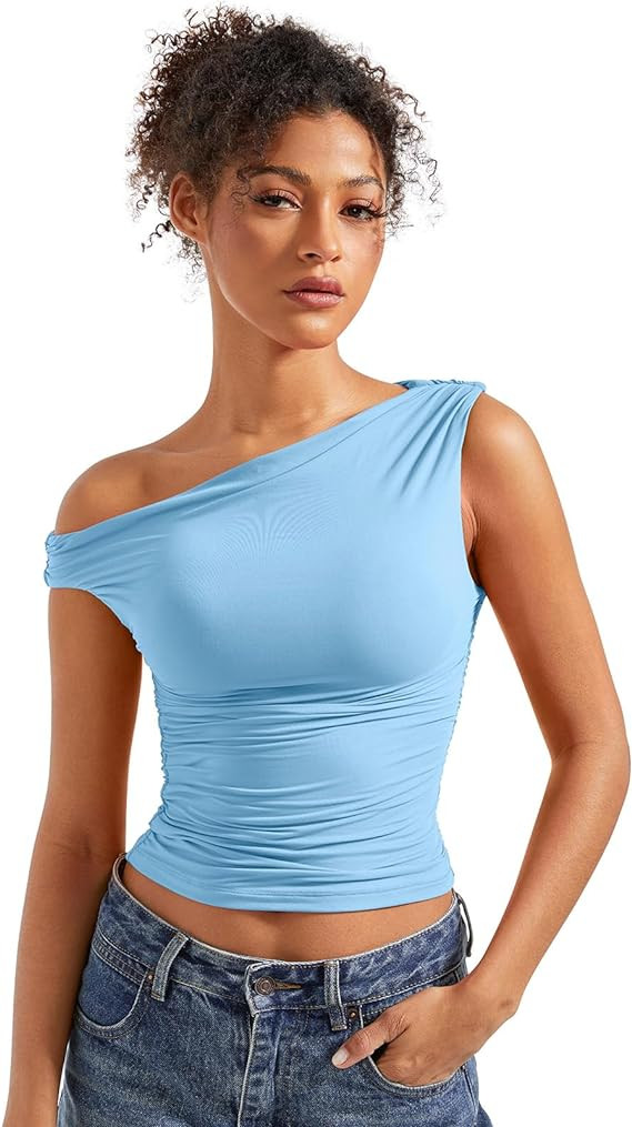 SUUKSESS Women Off Shoulder Tops Sleeveless Shirts Y2K Going Out Crop Tank Top | Amazon (US)
