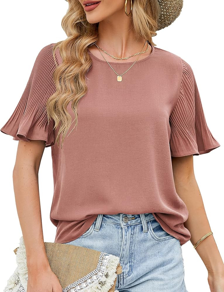 Aifer Womens Blouses Ruffle Short Sleeve Tops Dressy Chiffon Blouse Casual Crewneck Tshirts Plain... | Amazon (US)