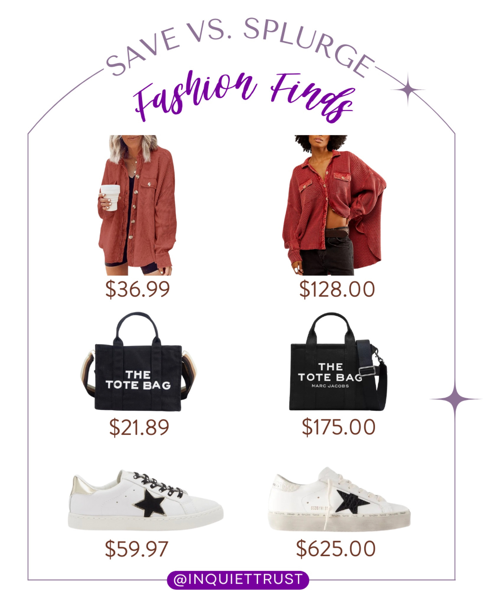 Fashion without breaking the bank; a long-sleeved top, tote bag, and sneaker alternatives for you!
#affordableclothes #savevssplurge #outfitinspo #fashionfinds

#LTKstyletip #LTKshoecrush #LTKitbag