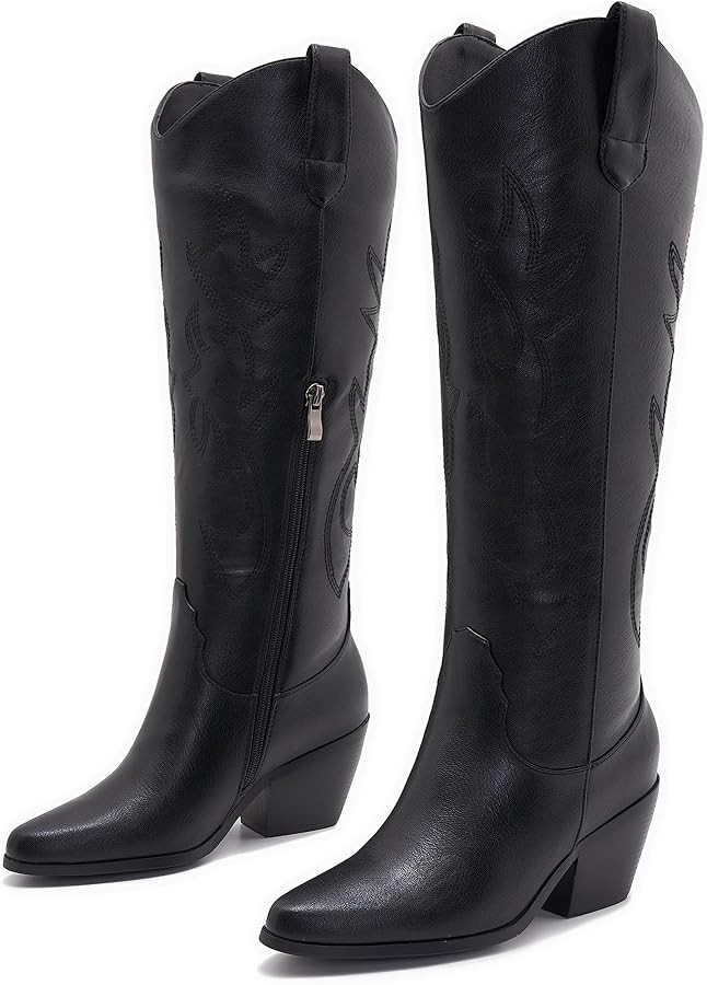 Cowboy Boots For Women - Western Knee-High Wide Calf Cowgirl Boots with Side Zip And Classic Embr... | Amazon (US)