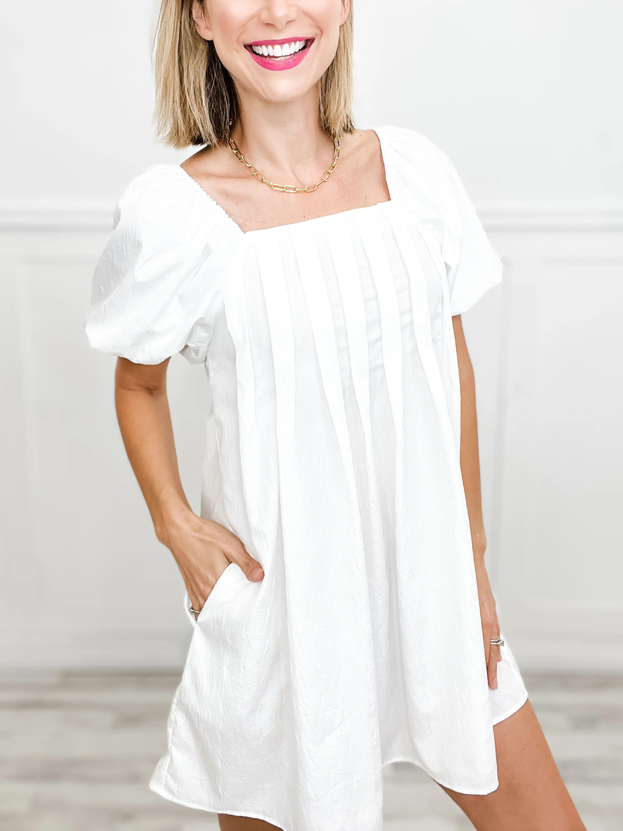 Puff Sleeve Square Neckline Pleated Mini Dress | Emma Lou's Boutique