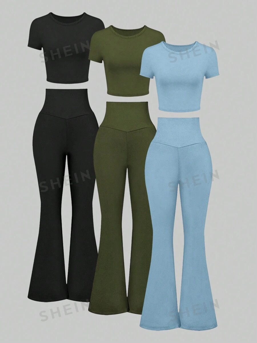 SHEIN MOOSTA 6pcs/Set Casual Round Neck Short Sleeve T-Shirt And High Waisted Elastic Flare Botto... | SHEIN