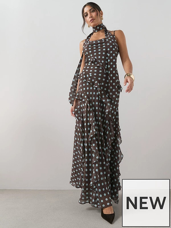 The Very Collection Polka Dot Scarf Detail Ruffle Maxi Dress - Print | Very (UK)