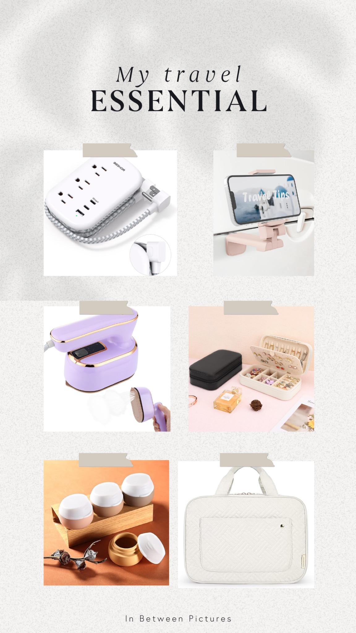Travel Essentials. Trip. Travel must have. Travel accesories. Travel essentials, Travel gadgets, essential travel gear, convenient phone stand, portable phone holder, blush travel bag, pastel accessories, multi-compartment toiletry organizer, elegant jewelry storage, cream jewelry box, delicate jewelry protection, modular toiletry containers, travel bottles, leak-proof cosmetics jars, quick heat iron, travel-sized steam iron, wrinkle-free trip essentials, compact ironing solution, space-saving power solution, multifunctional power strip, USB charging travel gear, contemporary travel necessities, minimalist travel design, stylish travel essentials, business trip essentials, vacation gear, weekend getaway accessories, modern traveler kit, digital nomad gear, female traveler essentials, professional travel style, sophisticated jetsetter tools, honeymoon travel gear.


#LTKSeasonal #LTKstyletip #LTKbeauty