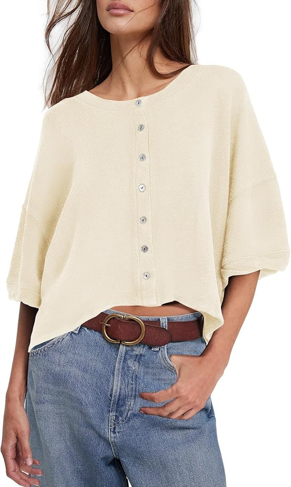 Yanekop Womens Cropped Cardigan Short Sleeve Button Up Cardigan Lightweight Cardigans Oversized B... | Amazon (US)