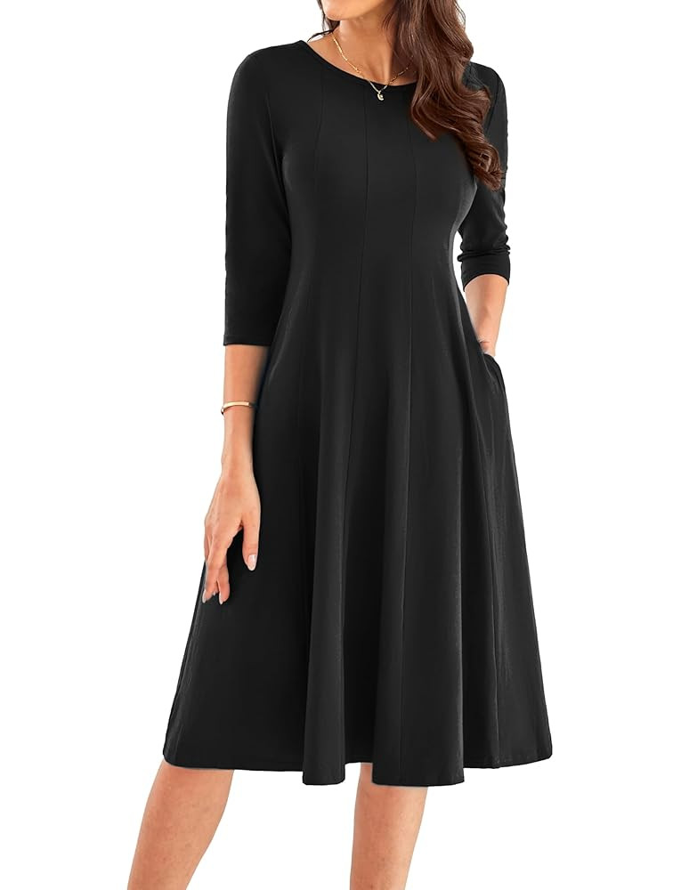 GRACE KARIN Womens 2025 Trendy Dresses Crew Neck 3/4 Sleeve A Line Loose Casual Midi Dress with P... | Amazon (US)