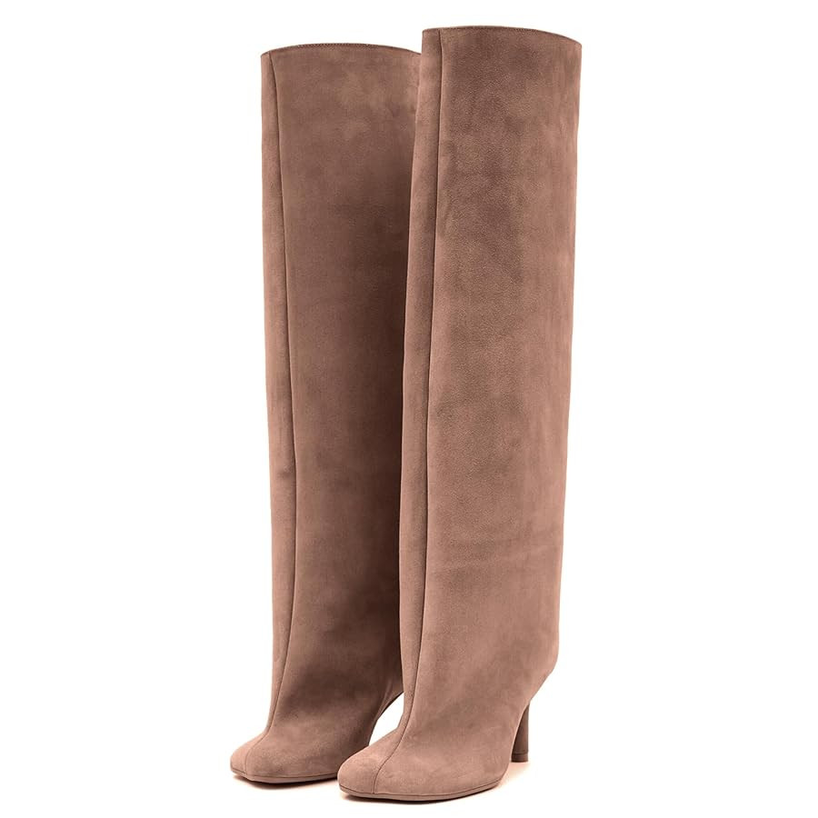 VOMIRA Women's Knee High Nude Suede Wide Calf Square Toe Stiletto Fall Winter Pull On High Heel L... | Amazon (US)