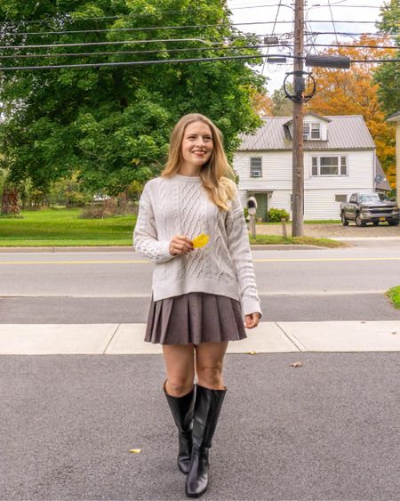 Favorite fall outfit formula this year: pleated skirt + sweater + boots. This affordable Rory Gilmore sweater has been a go-to this season. I love that’s it’s cotton / machine washable. 

Fall fit, ootd, extended calf, athletic calf, leather boots, cableknit sweater, girlmore girls, fall fit 

#LTKstyletip #LTKshoecrush #LTKfindsunder100