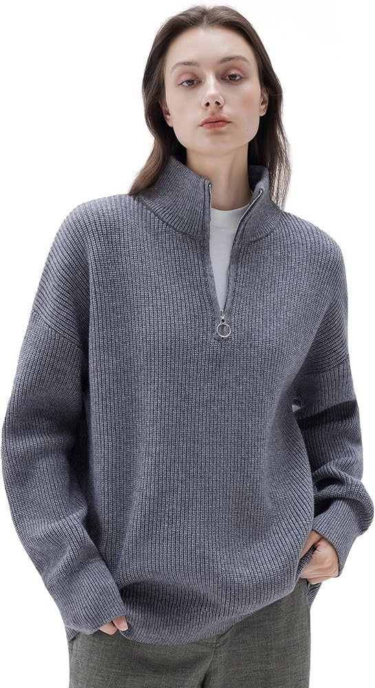 SUUKSESS Women Cashmere Oversized Quarter Zip Pullover Sweater Long Sleeve Collared Ribbed Knit J... | Amazon (US)