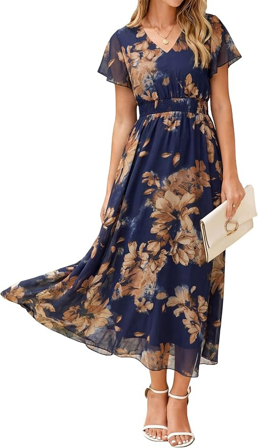 Simplee Womens Floral Maxi Dress - Short Sleeve Summer Boho Wedding Guest Dress Empire Waist Chif... | Amazon (US)